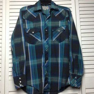 ATB Mens Shirt Size 15 1/2 Black Plaid Pearl Snap Western Pockets Long Sleeve